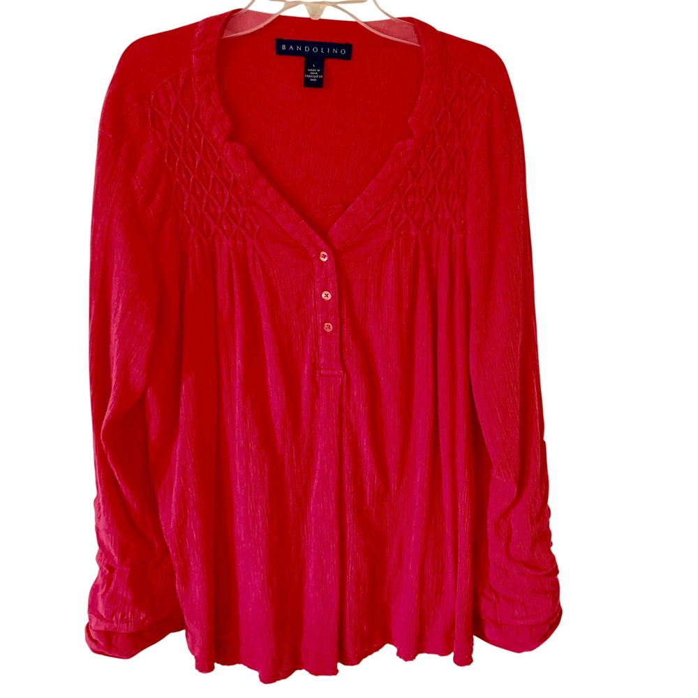 Bandolino Large Top Pink Corrine Smocked Henley Roll Tab Sleeve SDBW7759-PAP